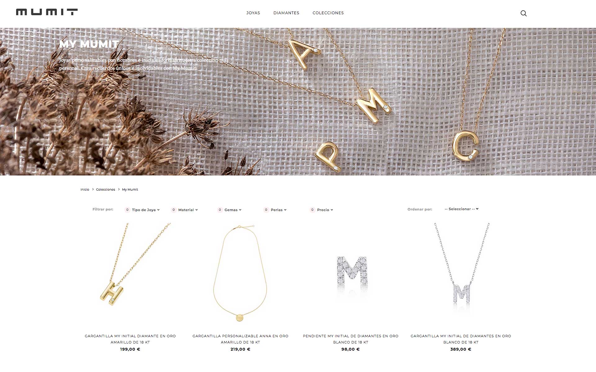 Página web de joyería personalizable en oro de 18 Kt