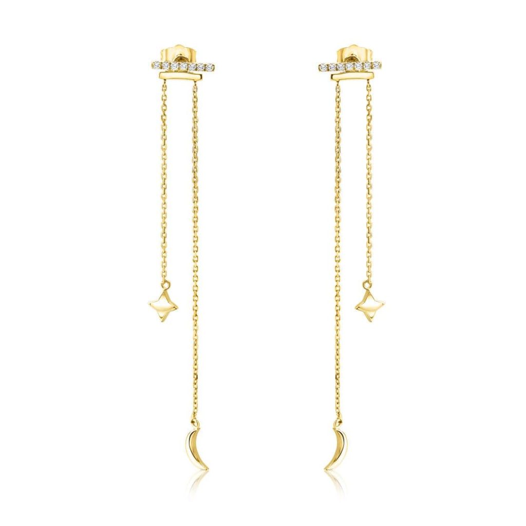 Pendientes de cadena Petite Diamonds Luna y Estrella en oro amarillo de 18k de Mumit