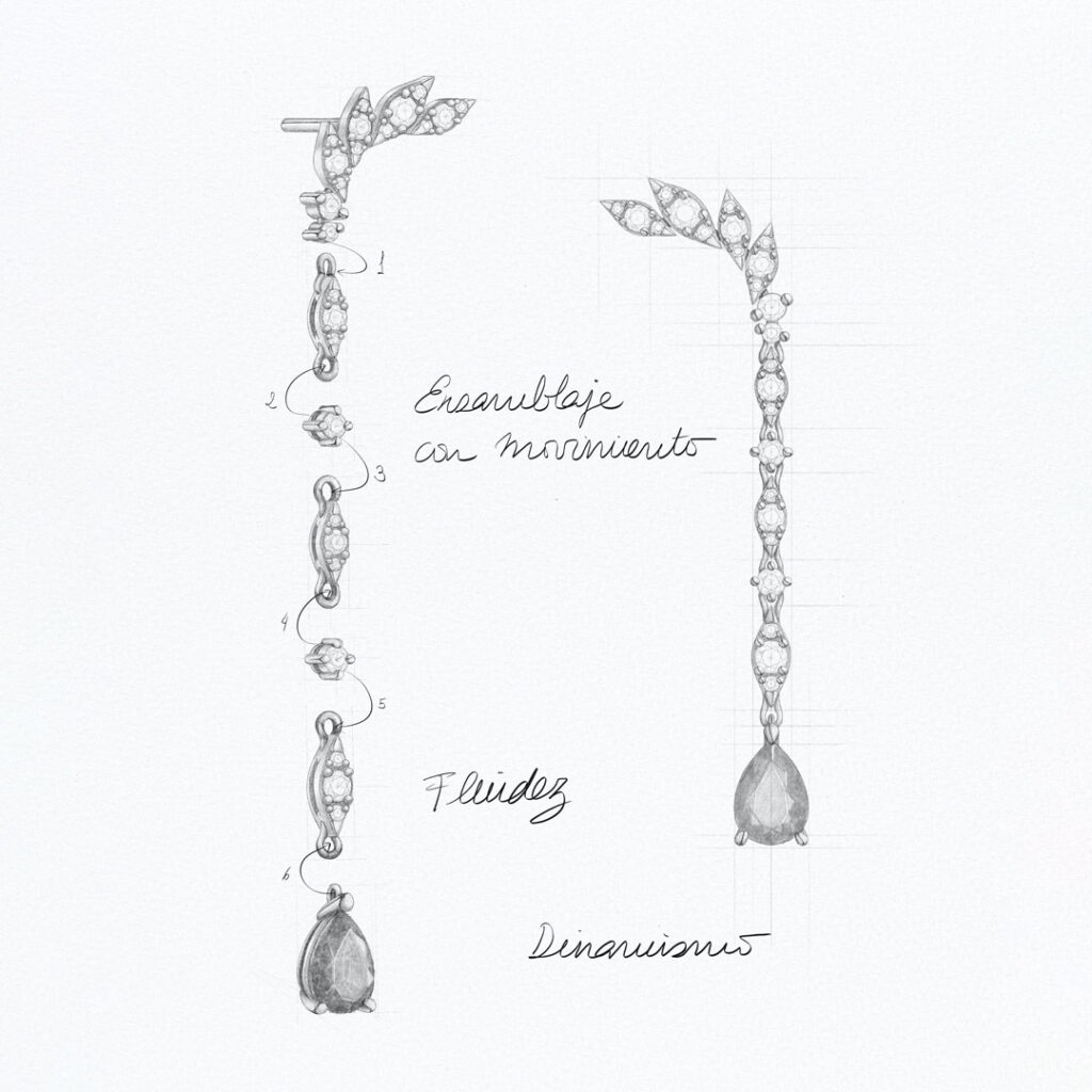 Sketch of bridal earrings by Mumit x Inuñez in white gold and diamonds